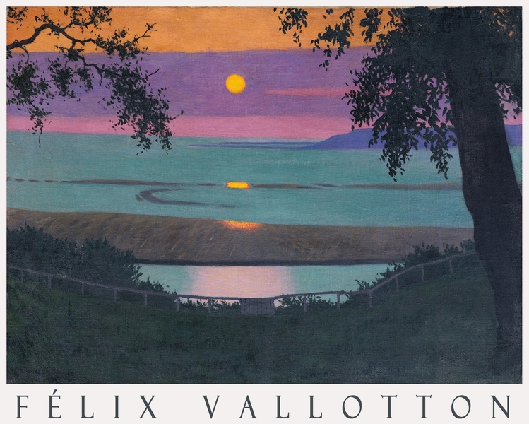 Naplemente narancs és violaszín éggel, tengerparti tájkép - reprint, művészeti plakát Félix Vallotton  Tájkép